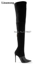 Women Sexy Pointed Toe Leather-Suede Over Knee Thin Heel Elastic Boots Brown Black Thigh Long High Heel Boots Party Shoes 2024 - buy cheap