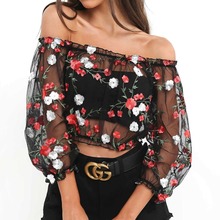 Sexy Women Transparent Mesh Crop Top Ladies Long Sleeve Off-Shoulder Embroidery Mesh T-Shirt Causal Tops T shirts Party Club Top 2024 - buy cheap