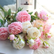 Европейские Пионовые ветки с 3 головками, искусственные цветы, пионы, шелковые цветы, Роза для свадебного дома 2024 - купить недорого