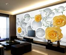 Papel de parede 3d estereoscópico plano de fundo tv, círculo simples de rosas amarelas, flor 3d mural 2024 - compre barato