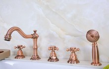 Antique Red Copper Brass Deck 5 Holes Bathtub Mixer Faucet Handheld Shower Widespread Bathroom Faucet Set Basin Water Tap atf222 2024 - buy cheap