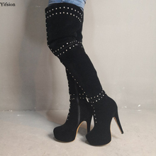 Olomm/новые женские сапоги выше колена на платформе пикантные сапоги на высоком тонком каблуке с заклепками вечерняя обувь черного цвета с круглым носком женская обувь, американские размеры 5-15 2024 - купить недорого
