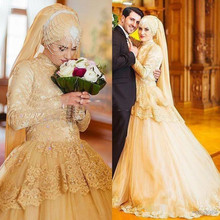 2020 золотые мусульманские свадебные платья с высоким горлом кружевные аппликации вышитые бисером Длинные рукава Свадебные платья ТРАПЕЦИЕВИДНОЕ свадебное платье Саудовской Аравии 2024 - купить недорого