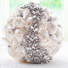 Luxury HandMade DIA 18cm Silver Crystal Brooch Jewelry Satin Rose Bridal Bridesmaid Wedding Bouquet Decoration Home Bride Flower 2024 - buy cheap