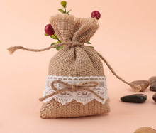 free shipping 50pcs/lot Natural Hessian Burlap Bags with Lace and Burlap Ribbon Wedding Favor Bags Bridal Shower 2024 - buy cheap