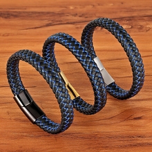 TYO-Pulseras de piel auténtica de diseño especial para hombre, brazaletes a rayas azules de Color negro para boda, regalo de cumpleaños y Navidad 2024 - compra barato