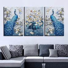 Pinturas en lienzo para decoración del hogar, impresiones de alta definición, imágenes de pavo real azul, póster de flor de Orquídea blanca, marco de arte de pared de salón, 3 piezas 2024 - compra barato