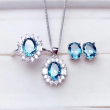 ocean blue topaz gemstone jewelry set including ring earrings silver necklace good cut birthday party banquet gift natural gem 2024 - buy cheap