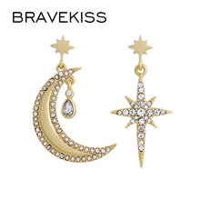 BRAVEKISS Luxury Crystal Golden Metal Drop Earrings Moon Star Asymmetric Dangle Earring for Women 2019 Fashion Jewelry BPE1469 2024 - buy cheap