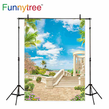 Funnytree backdrop for photographic studio Old balcony sea blue sky spring plant professional background photobooth photocall 2024 - buy cheap