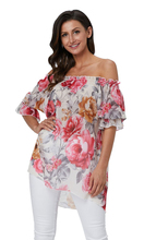 Baharcelin blusa de verão feminino slash neck alargamento manga blusa casual impresso grande rosa chiffon topos roupas tamanho grande 2024 - compre barato