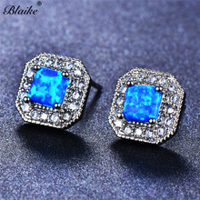 Blaike Small Square Blue/White Fire Opal Stud Earrings for Women Wedding Jewelry Silver Color Birthstone Earrings 2024 - buy cheap
