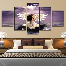 Printing Scenery Canvas Pictures Decor Modern Wall 5 Pieces Girl Angel Wings And Sea Water Painting Framework Modular Poster Art 2024 - buy cheap