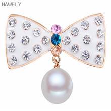 Fashion Luxury Cute Crystal Bow Brooches Gold Metal Simulated Pearl Brooch Pins Scarves Accessories Women Jewelry Gift NWLB69 2024 - buy cheap