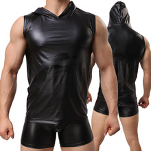 New Sexy PU Faux Leather T-Shirts Hooded Cool Men Night Tight Shirts Leather Slim Shirt High Quality FX1022 2024 - buy cheap