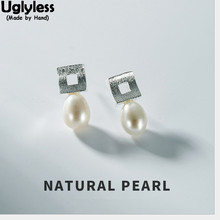 Uglyless Classic Square Buckle Earrings for Women 100% Real Solid 925 Silver Fine Jewelry Natural Pearls Studs Hollow Geometric 2024 - buy cheap