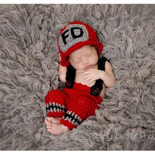 Conjunto de adereços para fotografia de bebê, chapéu com calças, de algodão, crochê, manual, infantil, bombeiros, personagem, 2 cores 2024 - compre barato