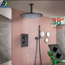 Термостатический смеситель для душа, матовый черный потолочный смеситель для ванной комнаты, Душевая колонна с двойной ручкой, скрытый смеситель для душа 2024 - купить недорого