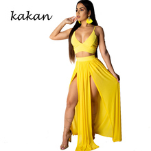 Kakan 2019 summer new women's dress two-piece high split sexy chiffon harness dress yellow black dress 2024 - buy cheap