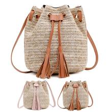 Vintage Fashion Small Women Woven Rattan Straw Bucket Bag Handbag Tassel Drawstring Shoulder Bag Messenger Crossbody Bags Purses 2024 - buy cheap