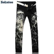 Sokotoo Men's fashion skeleton skull printed jeans Male slim fit black denim pants Long trousers 2024 - купить недорого