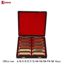 12PCS/Set Swan 10 Holes Harmonica Diatonic Blues Harp A/B/C/D/E/F/G/A#/C#/D#/F#/G# Key Mouth Organ packing Golden With Gift Box 2024 - buy cheap