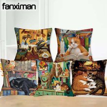 Cushion Case Lovely Cat Oil Painting Cushion Cover Linen Cojines Square Home Decor Throw Pillowcase Almofadas Sofa Couch Office 2024 - buy cheap