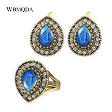 2 Pcs/lot Luxury 4 Colors Bohemian Wedding Jewelry Sets Big Resin Gold Ring Stud Earrings For Women Vintage Crystal Jewellery 2024 - buy cheap