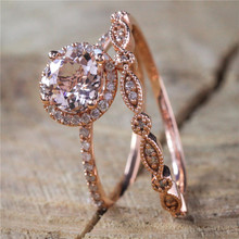 Anéis de noivado com cristais, conjunto feminino de anéis em ouro rosê com zircônia rosa 2024 - compre barato