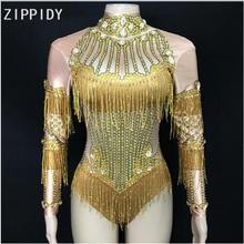 Strass para festa de aniversário, roupa para palco, boate, dança, show, strass dourado piscante, borla, spandex, body feminino 2024 - compre barato