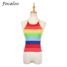 Focal20 Streetwear Rainbow Stripe Women Knitted Camis Top Summer Straps Hit Color Bodycon Female Tank Top 2024 - buy cheap