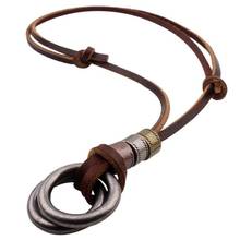 Original Genuine Brown Leather Cord Men Necklace Alloy  LUS Double Circle Charm Pendant Necklace Choker Punk Jewelry Collier 2024 - buy cheap