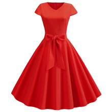 Solid Summer Women Dress Short Sleeve Vintage V Neck Casual Elegant Retro Pin Up Rockabilly Party Midi Dresses Red Plus Size 2024 - buy cheap
