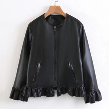 2022 Spring Autumn New Black Leather Clothing Women Coat Ruffle Lamination Ornament PU Leather Jacket Fashion Casual Coats 2024 - buy cheap