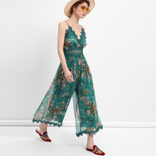 2018 Green Floral Print chiffon Women Playsuits sexy backless sleeveless deep v-neck lace Summer romper Elegant  chic  playsuits 2024 - buy cheap