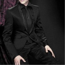 Ternos masculinos pretos design mais recente, 2 peças, padrinhos de noivo customizado, lapela, noivo, casamento para homens (jaqueta + calça + gravata) 2024 - compre barato