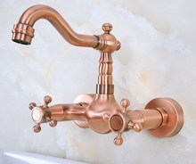 Antique Red Copper Brass Bathroom Kitchen Sink Faucet Mixer Tap Swivel Spout Wall Mounted Dual Cross Handles mnf946 2024 - buy cheap