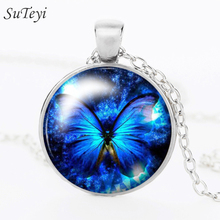 SUTEYI Fashion Blue Butterfly Necklace Fashion Vintage Round Glass Cabochon Pendant Steampunk Handmade Women Necklaces Jewelry 2024 - buy cheap