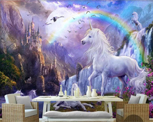 Papel de parede infantil personalizado para quarto 3 d, papel de parede com pintura a óleo nas cores azul, céu, arco-íris, cascata, cavalo, paisagem 2024 - compre barato