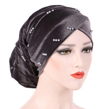 Turbante de terciopelo plisado con cuentas para mujer, gorro de quimio holgado, envoltura para la cabeza para dormir 2024 - compra barato