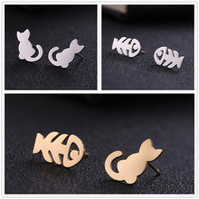 Skyrim Fashion Cute Fish Bone Cat Stud Earrings Gold Color Stainless Steel Jewelry Statement Earring for Girls Women Accessories 2024 - buy cheap