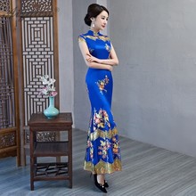 Blue Fashion Sequins Embroidery Cheongsam Modern Chinoise Mermaid Long Qi Pao Women Chinese Evening Dress Qipao Robe Orientale 2024 - buy cheap