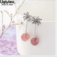 Uglyless Real Thai Silver Handmade Coconut Earrings Women Strawberry Quartz Pink Ball Fine Jewelry Real Solid 925 Silver Bijoux 2024 - buy cheap