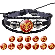 Zodiac Sign Jewelry Button Glass Bead Bracelet Punk Constellation Black Braided Leather Bracelet for Men Women 2024 - buy cheap