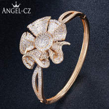 ANGELCZ Large Geometric Flower Ladies Handcuff Bangles for Women Luxury Gold-color Cubic Zirconia Bridal Wedding Jewelry AB137 2024 - buy cheap