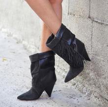 Sapatos de couro legítimo com franjas, cinza, preto, camurça, ponta alta, sexy, inverno, outono 2024 - compre barato