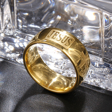 MANGOPIE8mm oro 316 titanio acero chapado en oro Jesús Cruz carta Biblia boda banda anillo hombres mujeres 2024 - compra barato