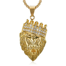 Colgantes de León y corona de diamantes de imitación pavimentados, collares de acero inoxidable dorados ostentosos para hombres, joyería de rapero de Hip Hop, regalo de fiesta de alta calidad 2024 - compra barato