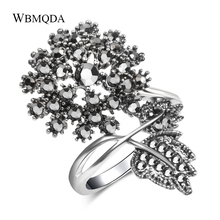 2018 Fashion Black Crystal Flower Ring Silver Color Big Engagement Wedding Rings For Women Vintage Jewelry Party Accessories 2024 - buy cheap