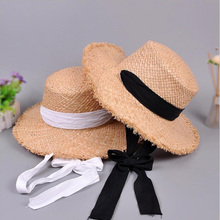 Handmade Weave Raffia Sun Hats For Women Black Ribbon Lace Up Large Brim Straw Hat Beach Summer Caps Chapeu Feminino 2024 - buy cheap